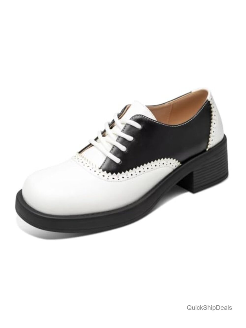 Women's Two-Tone Oxford Shoes, Lace-Up Brogue Dress Shoes with Chunky Heel,